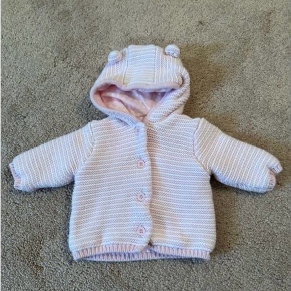 Little Me Pink and White Knit Baby Bear Hooded Sweater Jacket - Picture 2 of 7